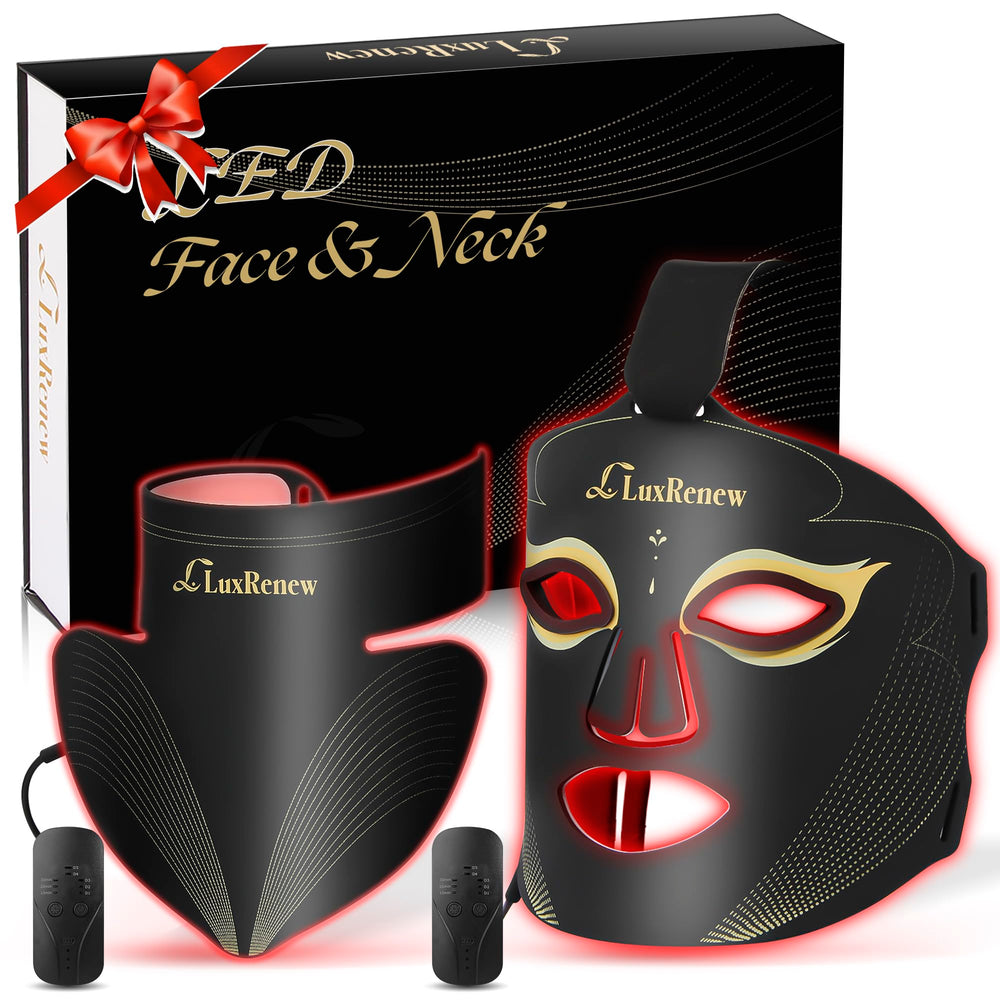 LuxRenew BS red light therapy mask worn on the face and neck for a natural glow