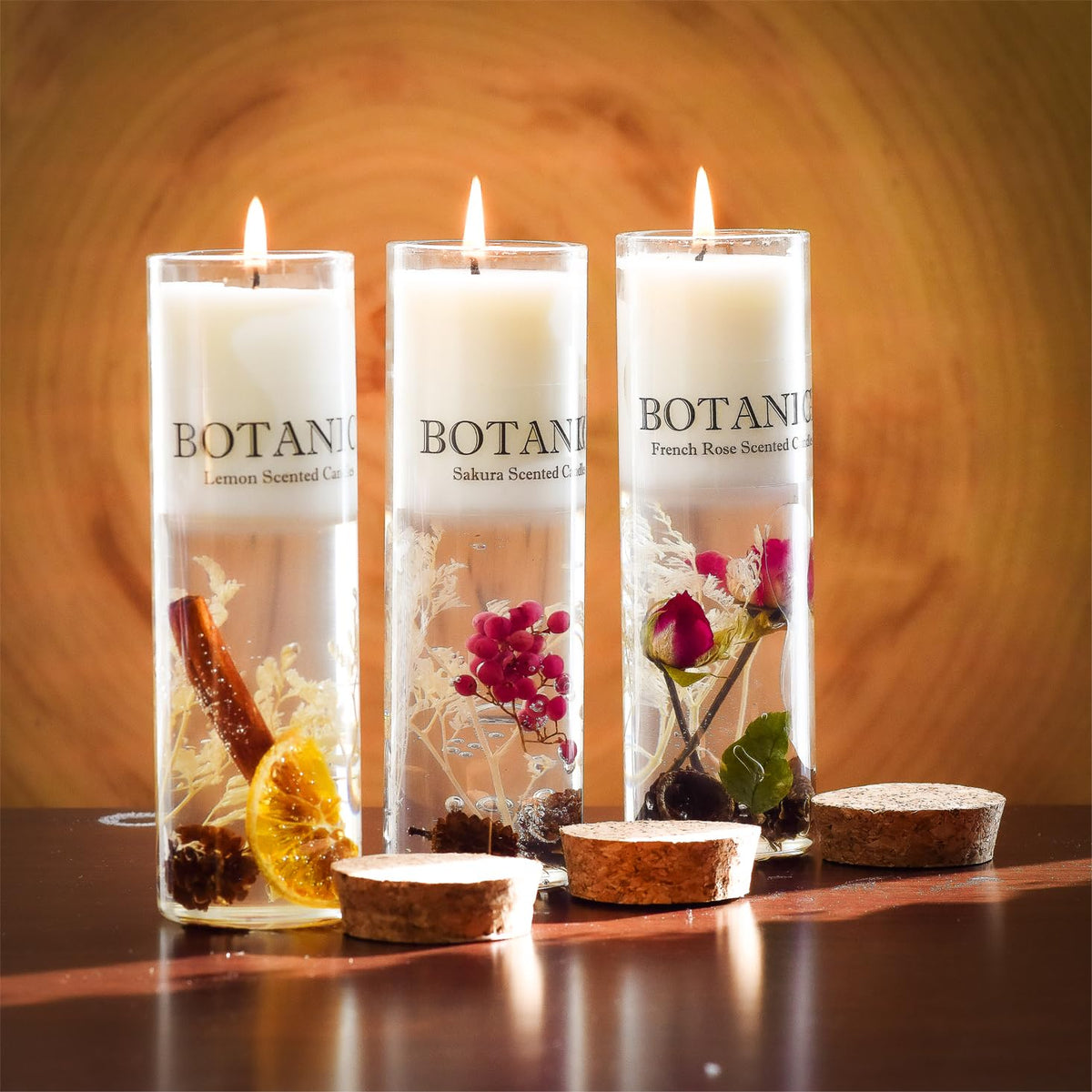 Luxury Scented Candles Gift Set in glass jars with real flowers enhancing home decor