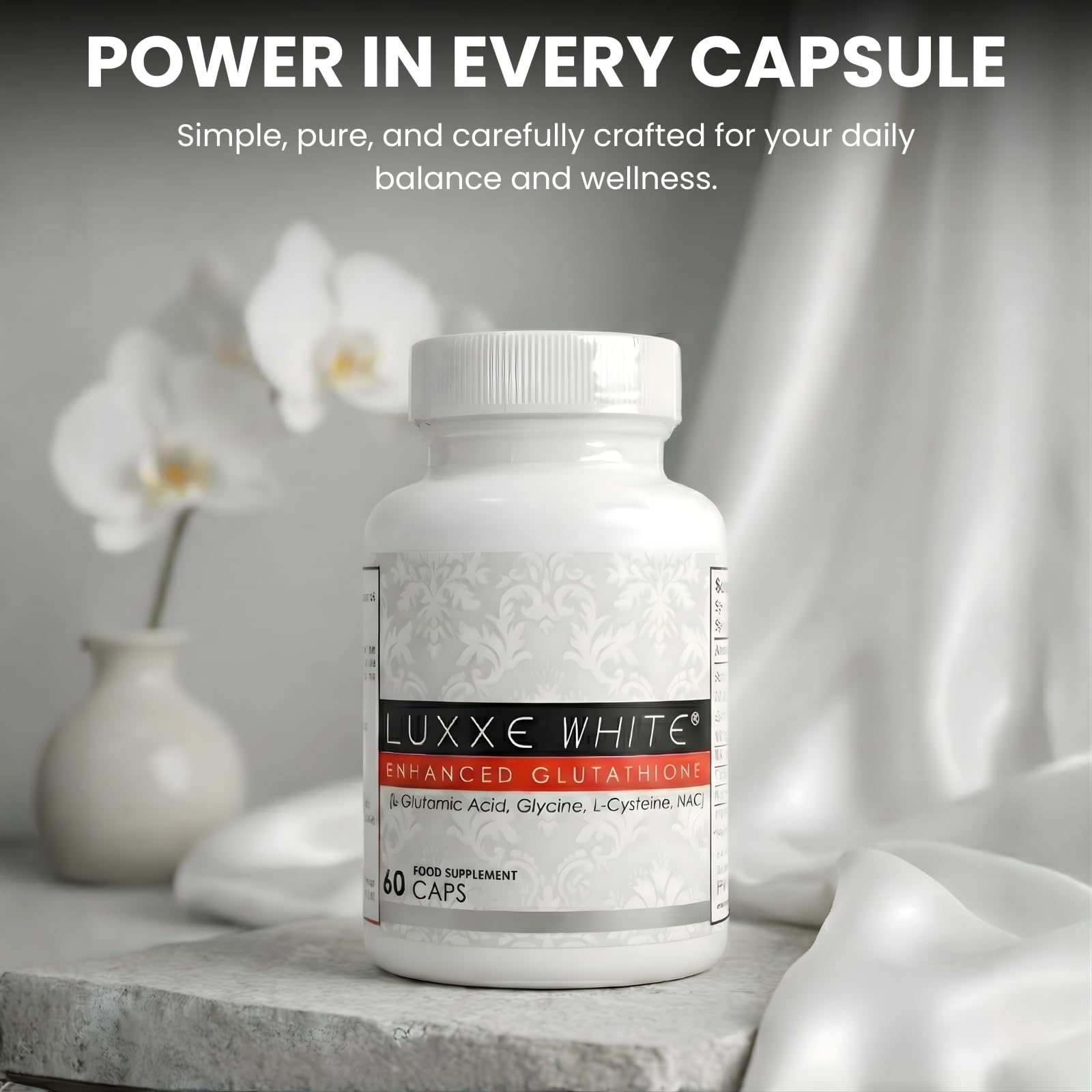 Luxxe White bottle with capsules highlights easy daily intake for skin-supporting antioxidants.