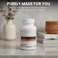 Luxxe White ingredients highlight glutathione, vitamin C, and alpha-lipoic acid.