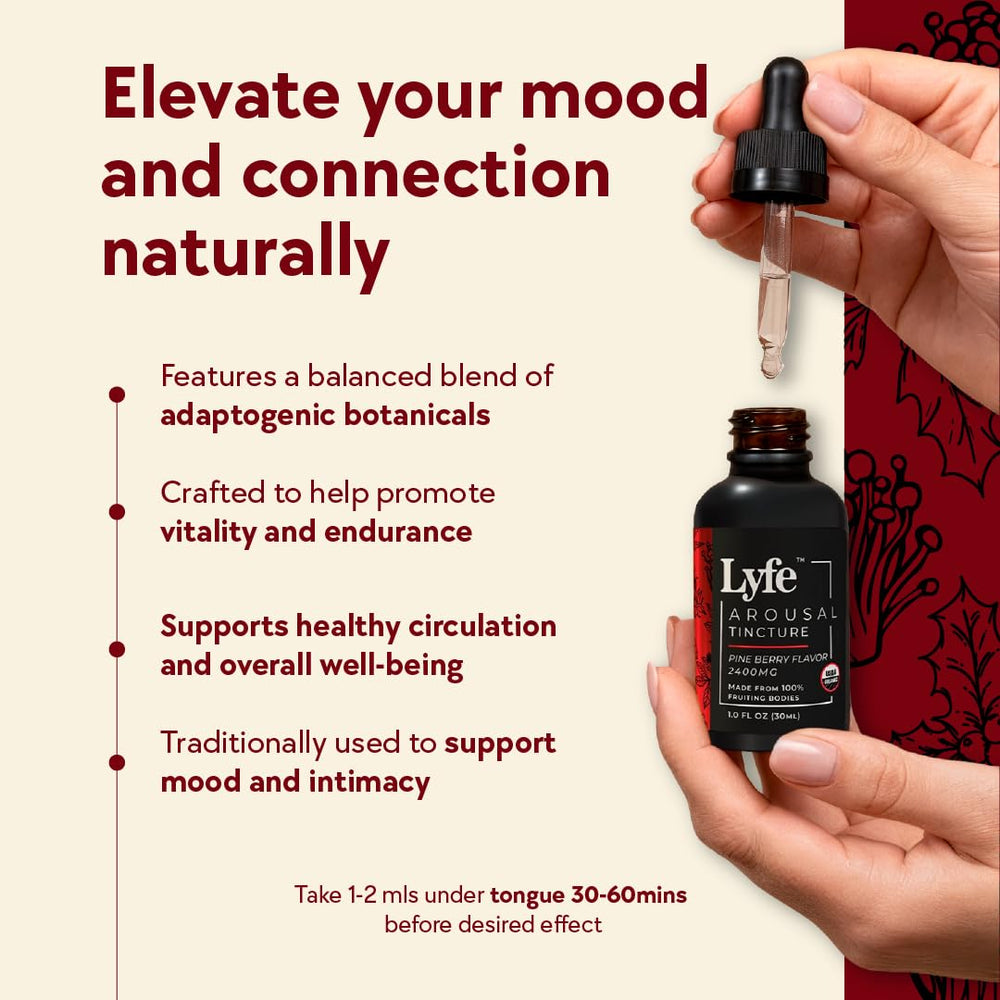 LYFE Functional Arousal Tincture dropper shown for precise, easy dosing.