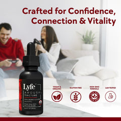 LYFE Functional Arousal Tincture label closeup highlighting ingredients and quick-use appeal.