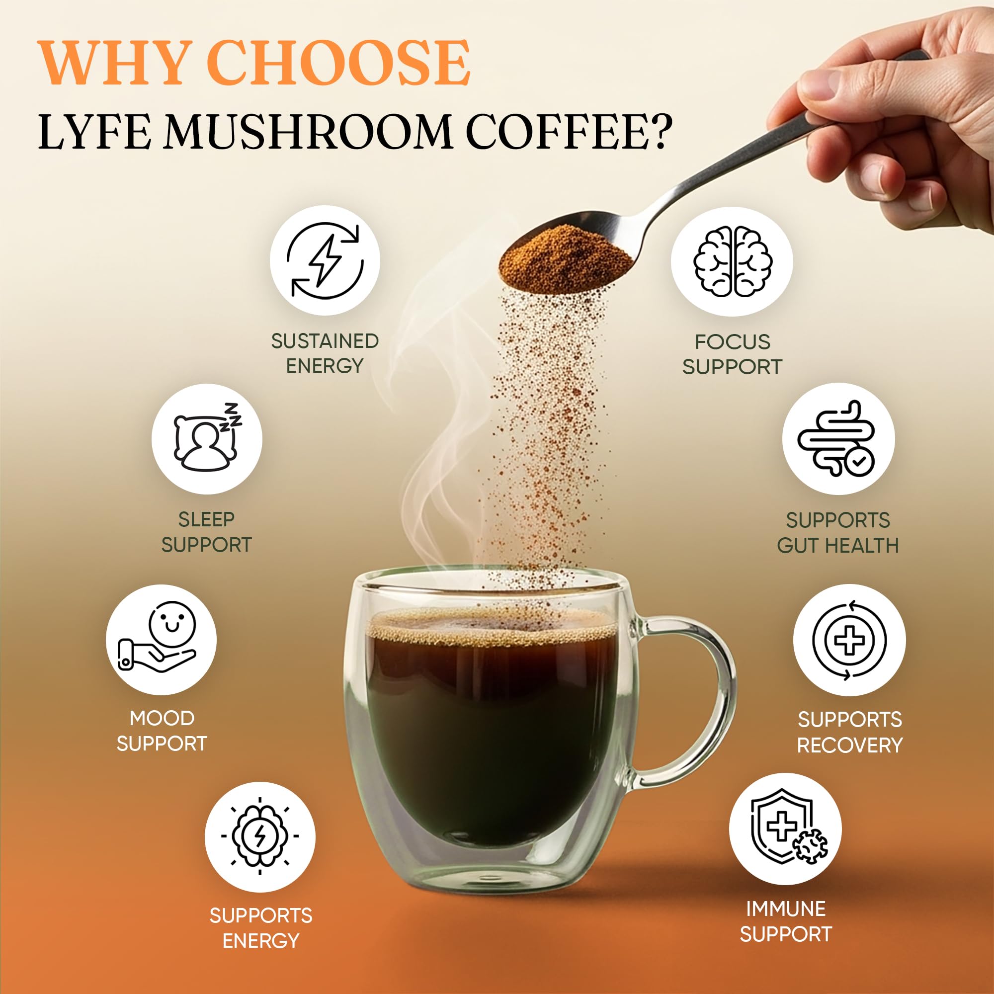 Lion's Mane, Chaga, and Cordyceps mushrooms in focus signaling adaptogenic support.