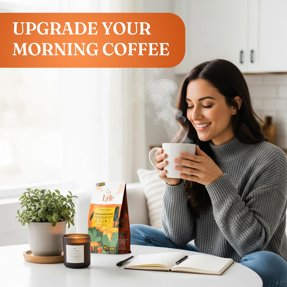 Logo-branded LYFE mug on a clean desk inviting mindful breaks.