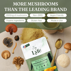 LYFE cup steaming with mushroom coffee for balanced energy