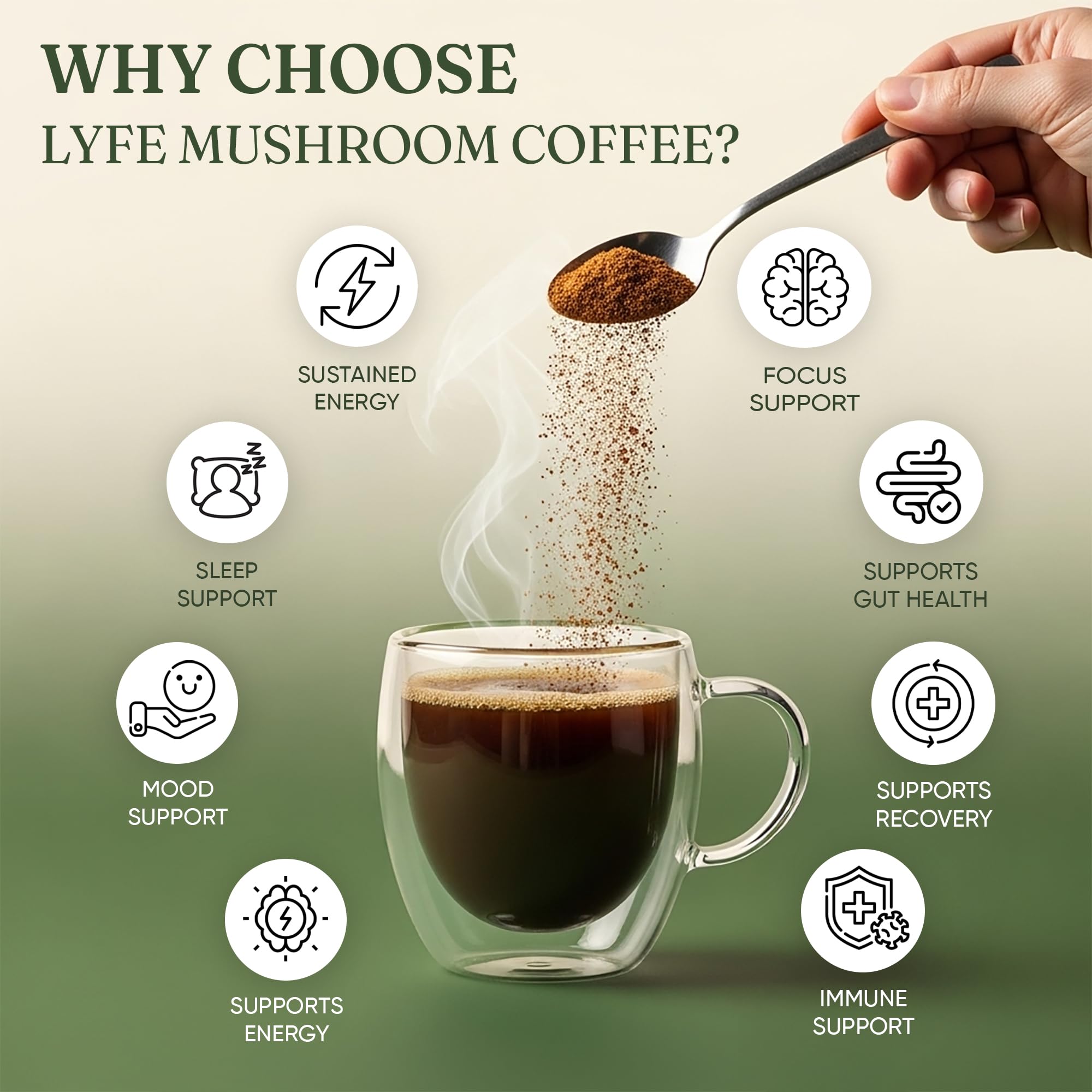 LYFE mushroom coffee powder scoop highlighting convenience and daily ritual