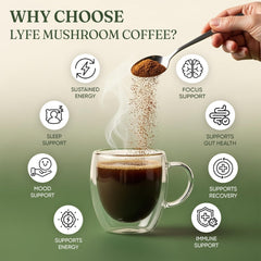 LYFE mushroom coffee powder scoop highlighting convenience and daily ritual