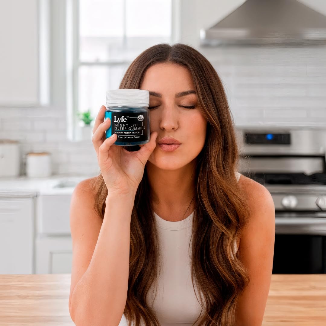 LYFE Sleep Gummies on nightstand suggesting easy nightly routine.