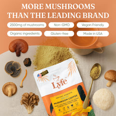 Steaming cup of LYFE mushroom coffee with inviting aroma.
