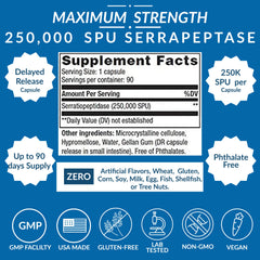 Lyndon Fields Medical Serra-250k bottle back explains delayed-release design to improve absorption