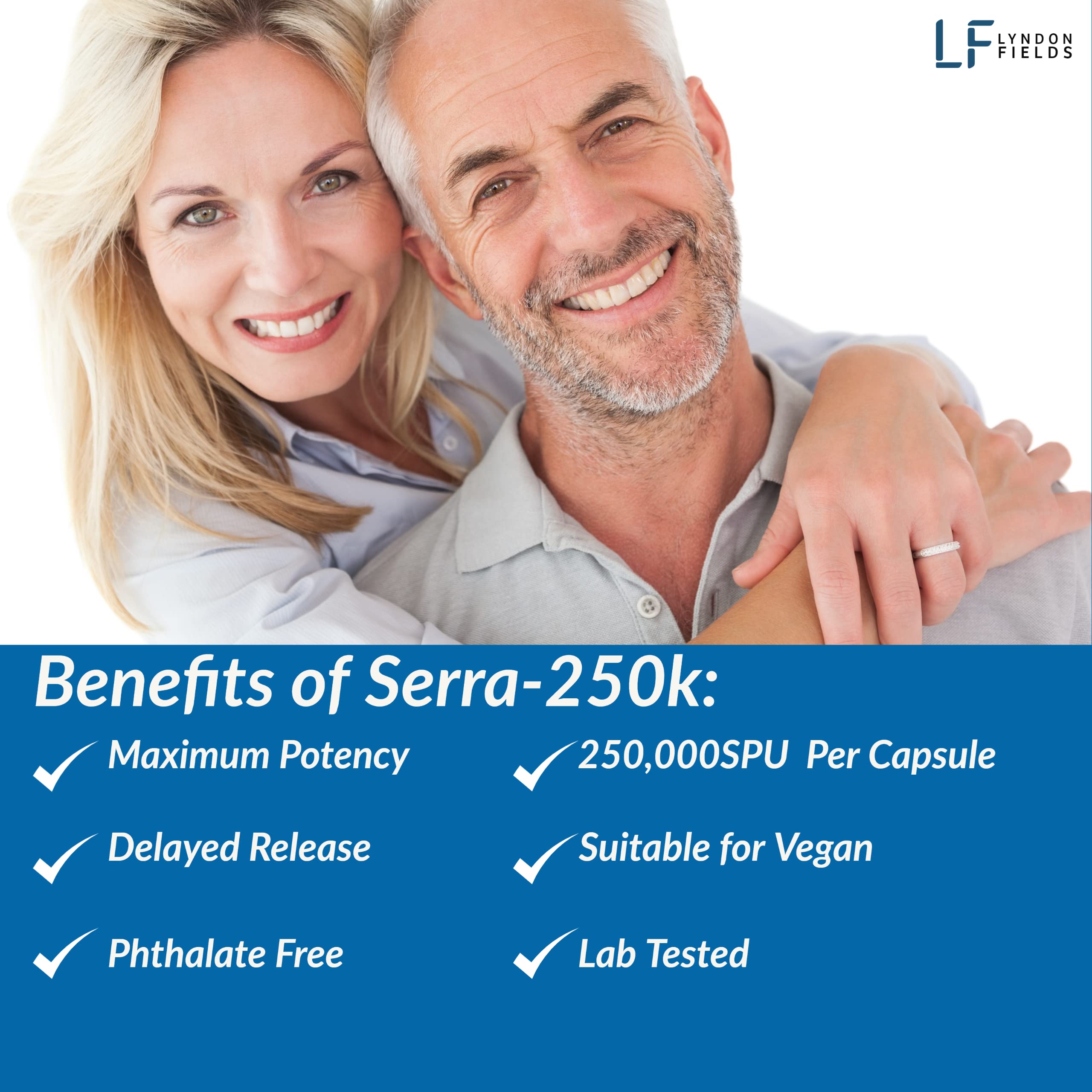 Lyndon Fields Medical Serra-250k capsules closeup shows vegan non-GMO formula for pure enzyme support