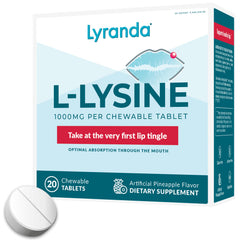 Lyranda Lysine chewable tablets bottle for convenient daily use and potential immune support.