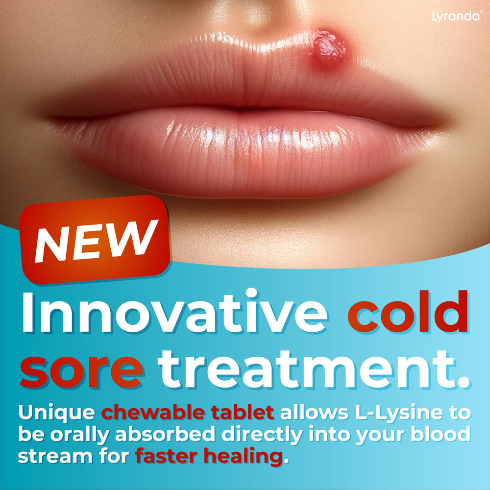 Lyranda Lysine chewables in hand highlight discreet on-the-go intake.