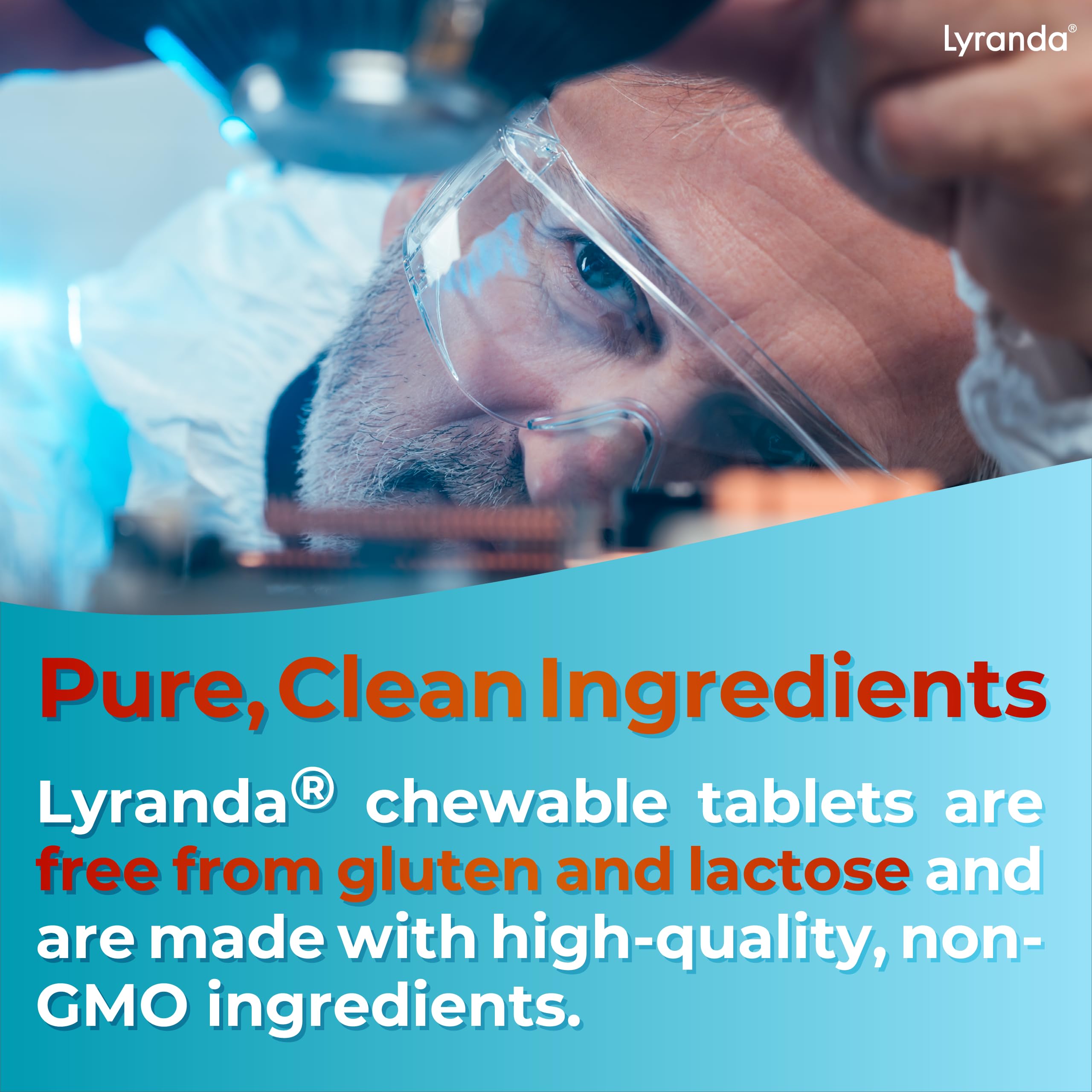 Lyranda Lysine chewables label conveys gluten-free and non GMO benefits.