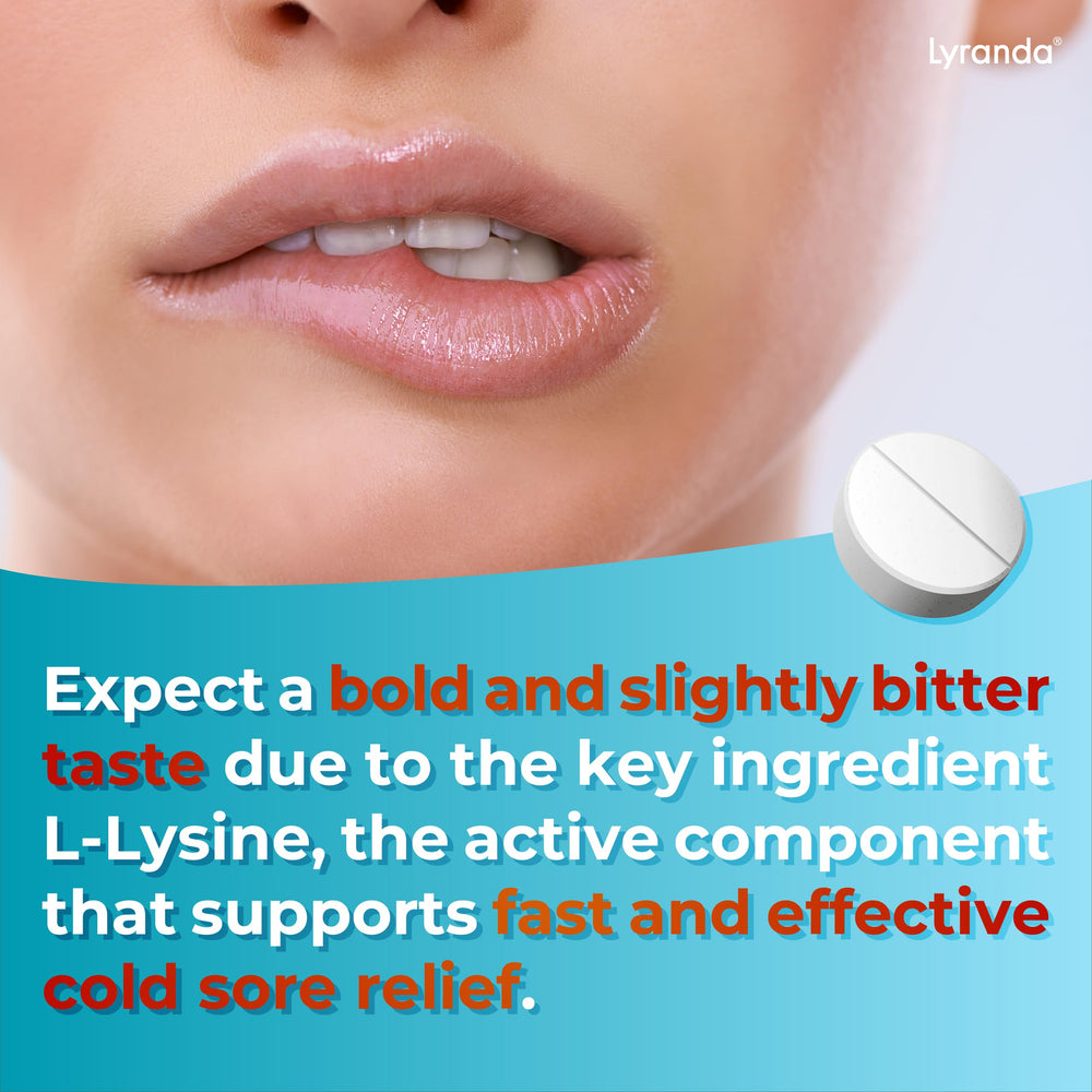 Lyranda Lysine chewable tablets open bottle inviting daily routine.