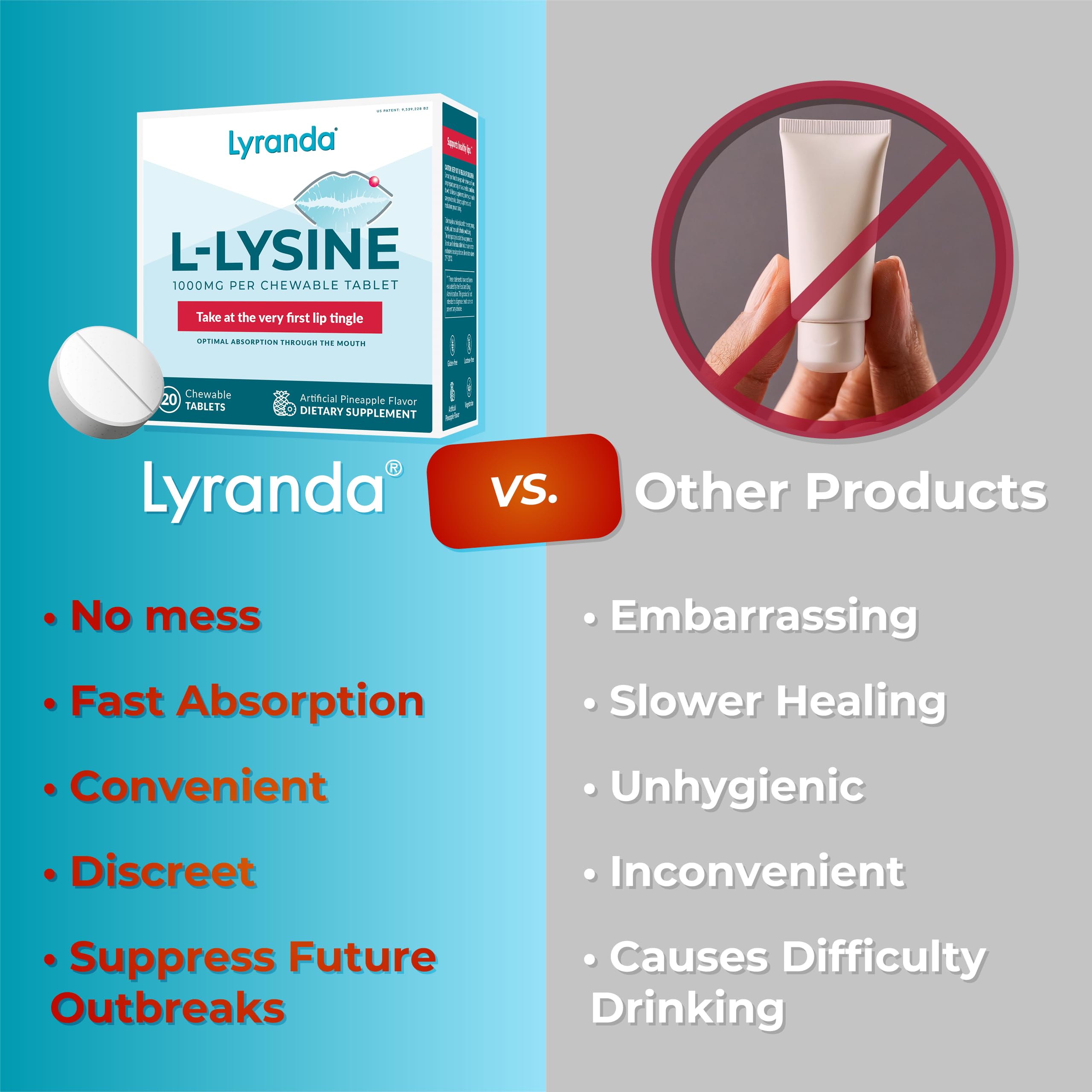 Lyranda Lysine chewables packaging displays gluten-free non GMO formulation.