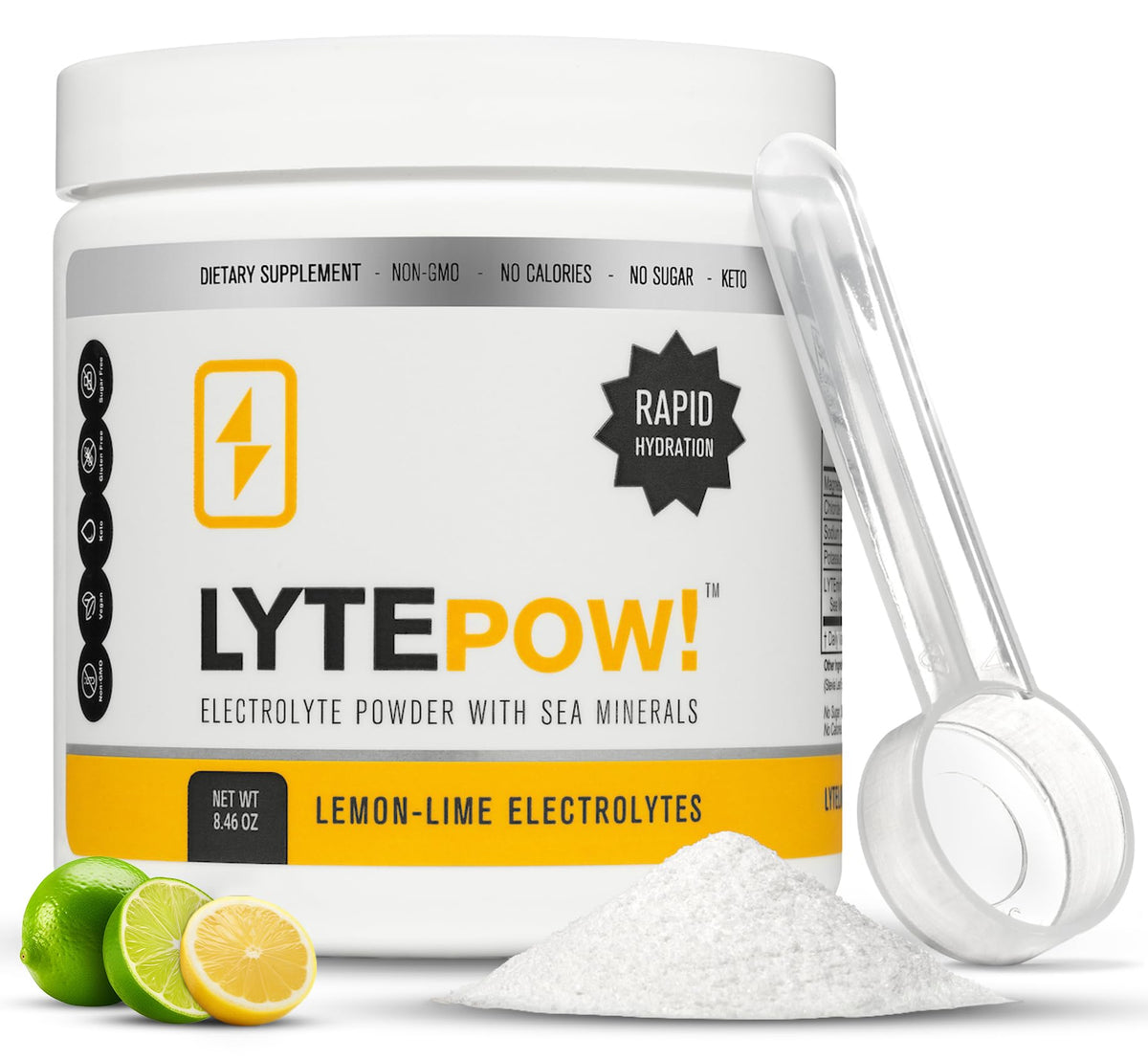 LyteLine Electrolytes Powder bottle with lemon-lime flavor for quick post-workout hydration.