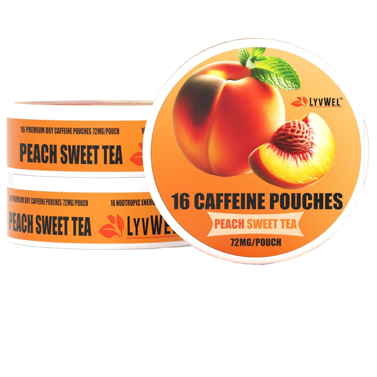 LyvWel 72mg caffeine energy pouches in a 3-pack can for on-the-go focus.