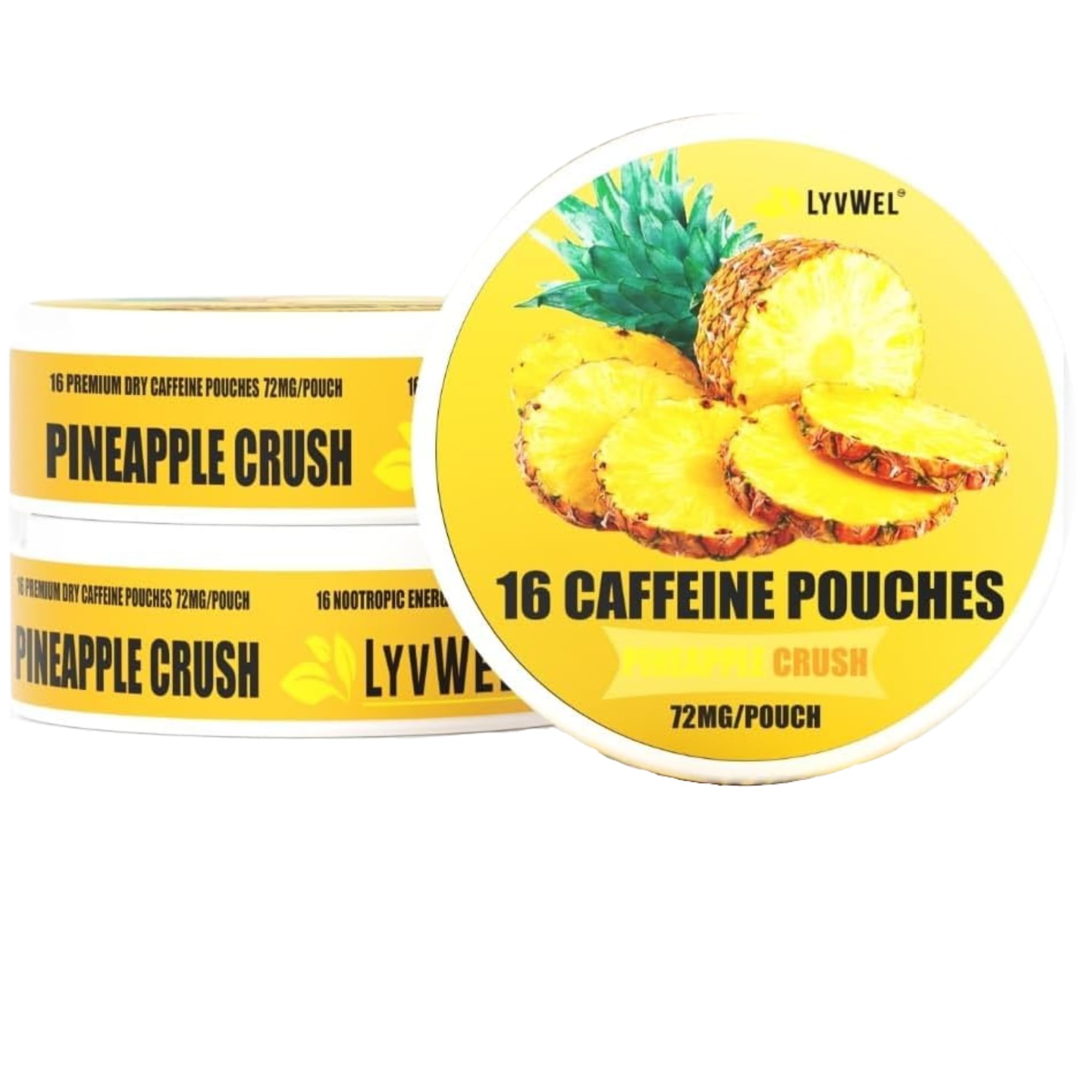 LyvWel 72mg caffeine pouch fits discreetly under the lip for quick energy.