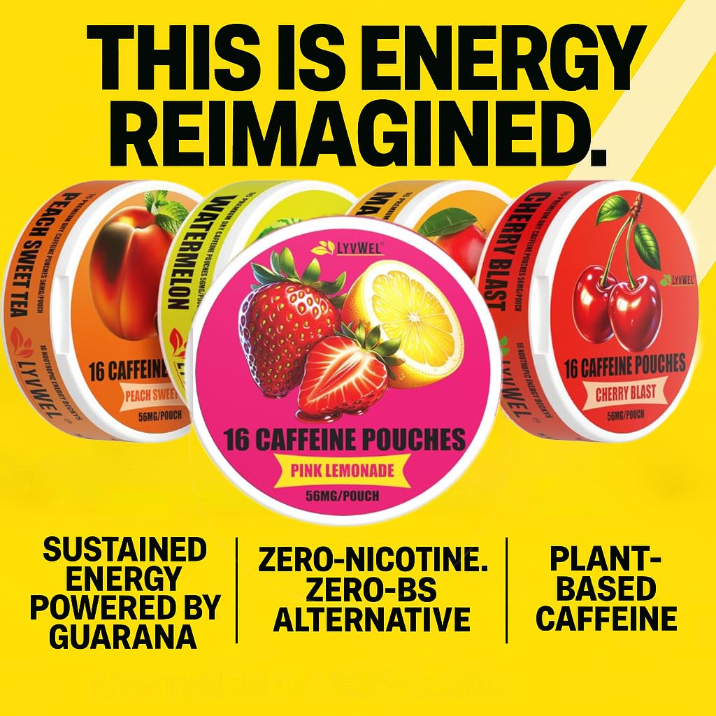 LyvWel Caffeine Dip Pouches pack back shows caffeine details and nicotine-free claim.