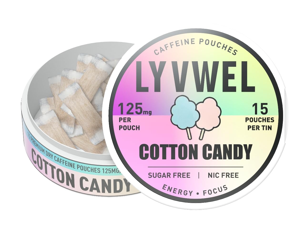 LyvWel energy pouch under-lip use for discreet, steady caffeine release.