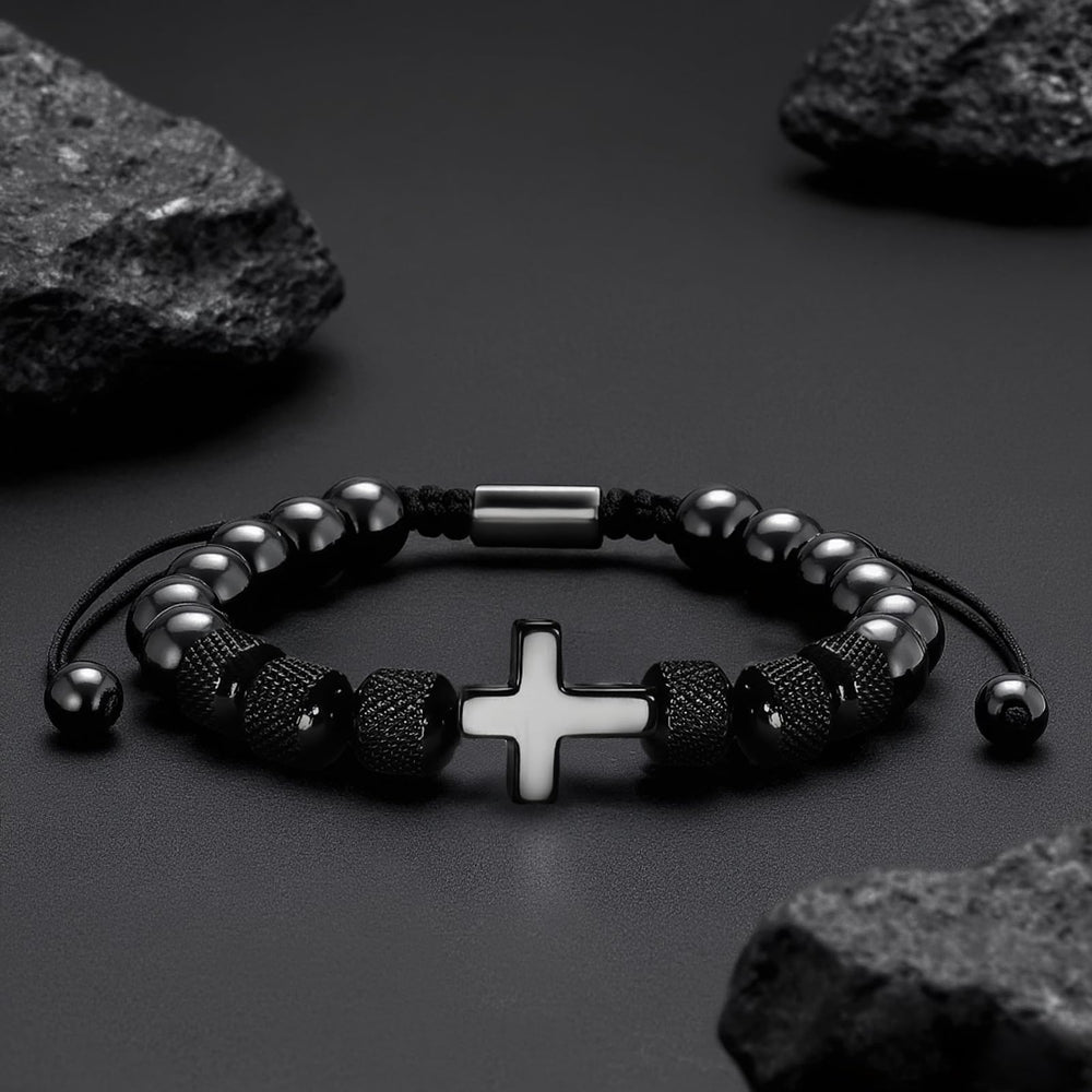 LZKOVISTA adjustable cross bracelet close-up, showing sturdy cord for versatile styling.