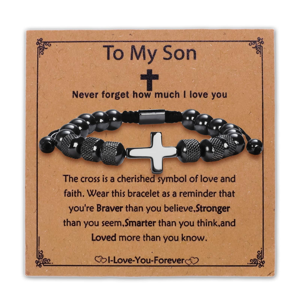 LZKOVISTA cross bracelet for men with obsidian beads and adjustable rope, ideal for daily wear.