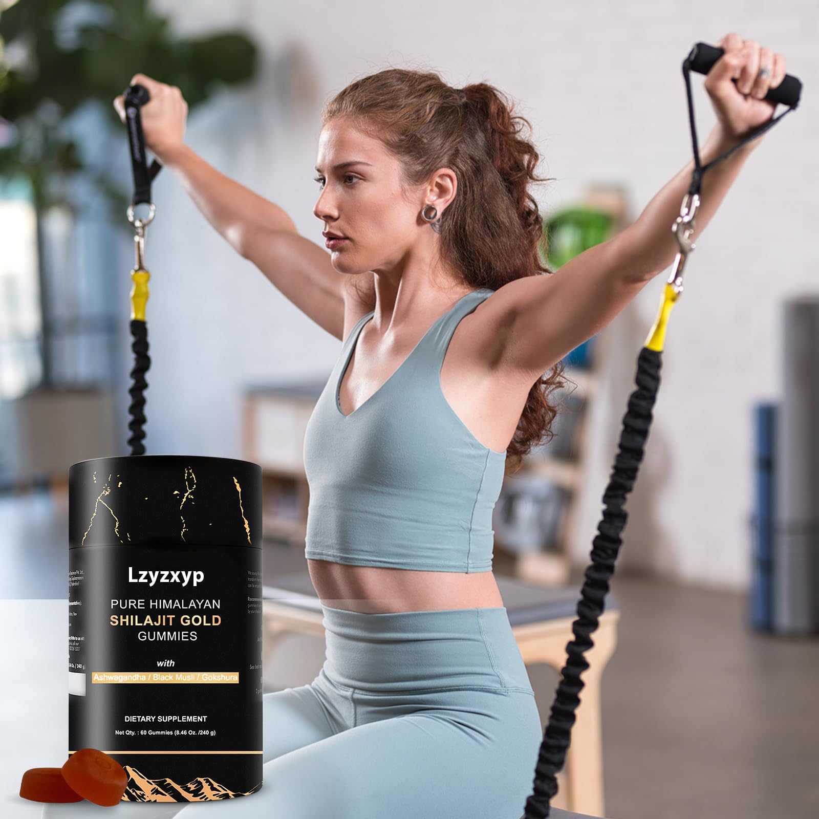 Lzyzxyp Gummies Gold Shilajit hero shot emphasizes natural gummy form