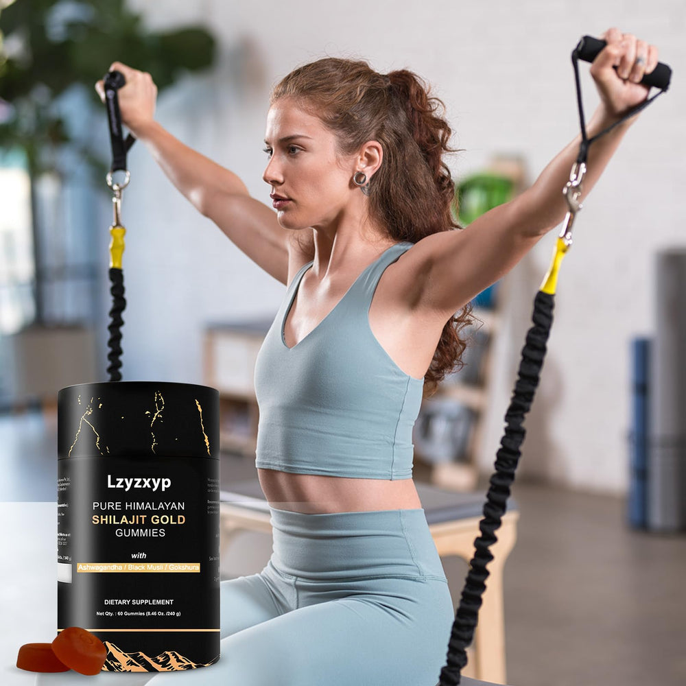 Lzyzxyp Gummies Gold Shilajit hero shot emphasizes natural gummy form