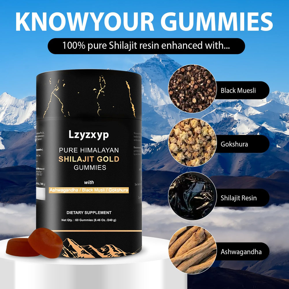 Lzyzxyp Gummies Gold Shilajit label shows Ashwagandha content and natural ingredients
