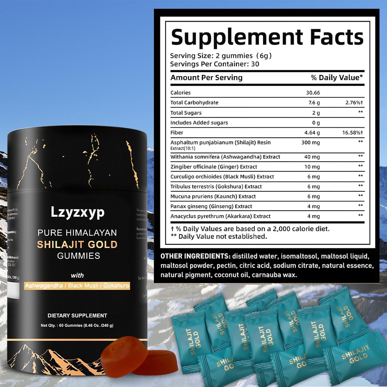Lzyzxyp Gummies Gold Shilajit nutrition facts illustrate 85 minerals