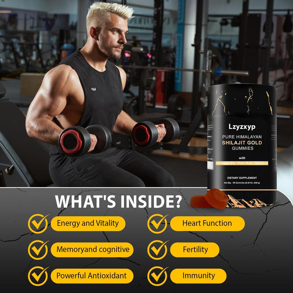Lzyzxyp Gummies Gold Shilajit packaging layout highlights natural, organic ingredients