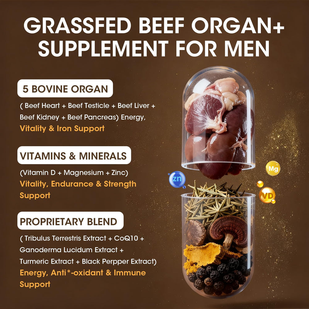 M inch beef liver capsules closeup emphasizes iron and immune support elements