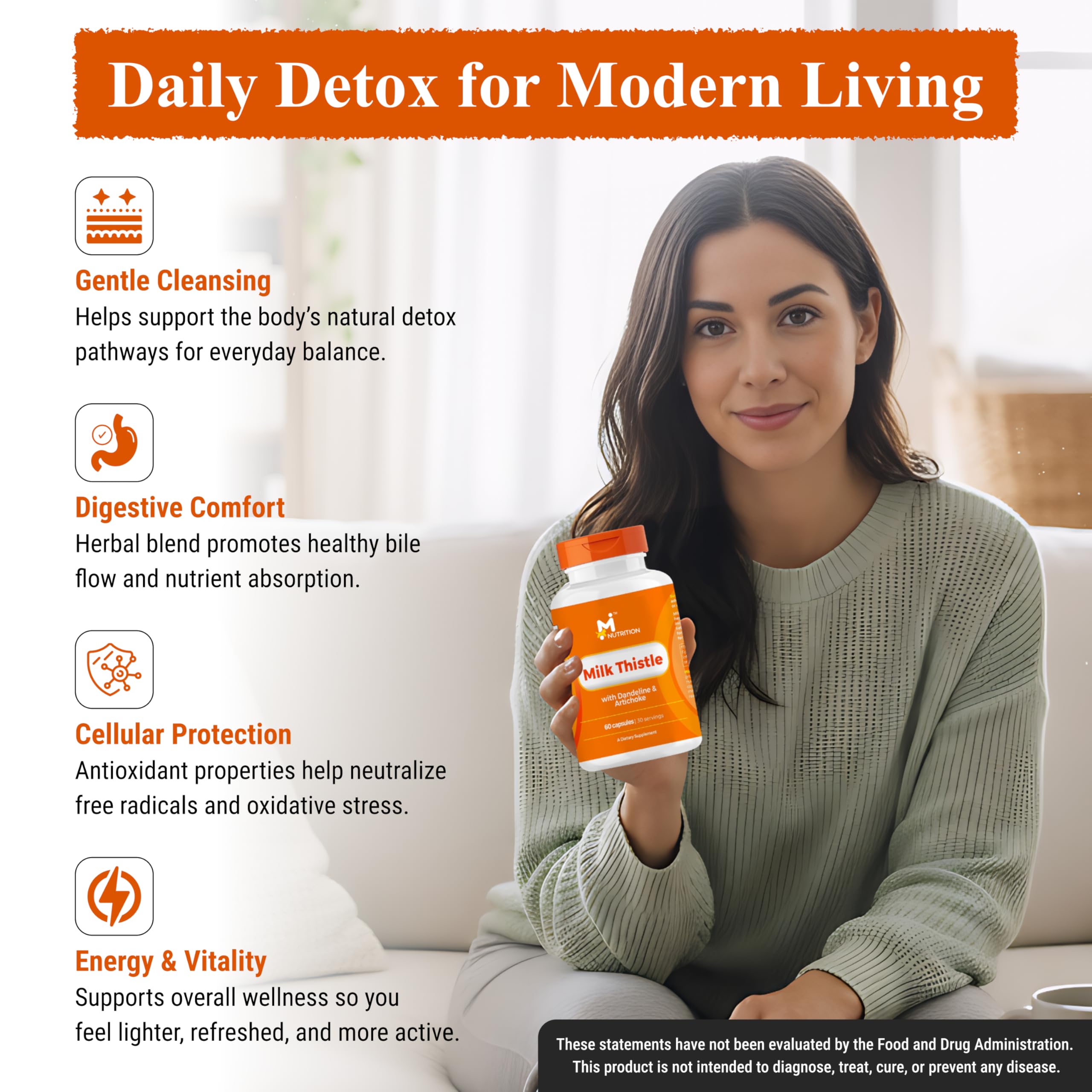 M NUTRITION 60-capsules packaging close-up highlighting non-GMO and gluten-free features.