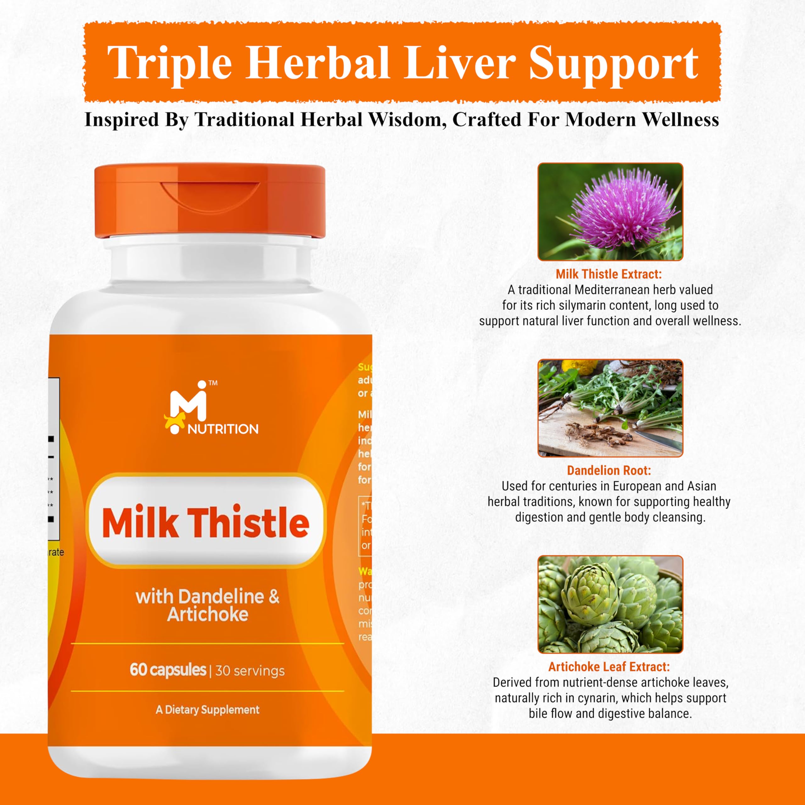 M NUTRITION Dandelion Root and Artichoke Leaf blend capsules for digestion.