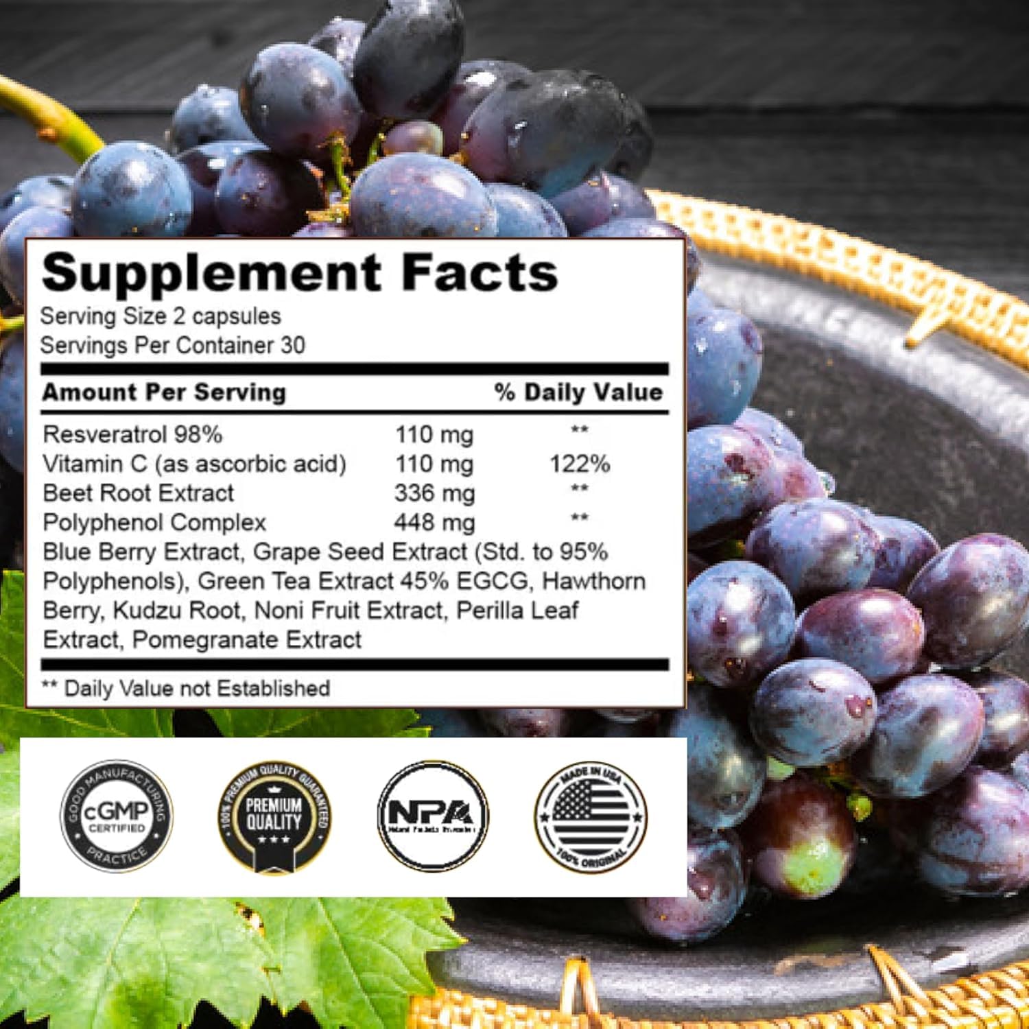 M NUTRITION Resveratrol bottle side view highlighting premium formula