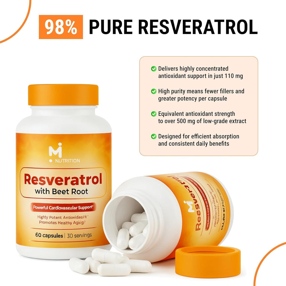 Close-up of M NUTRITION Resveratrol capsules showing texture for vitality
