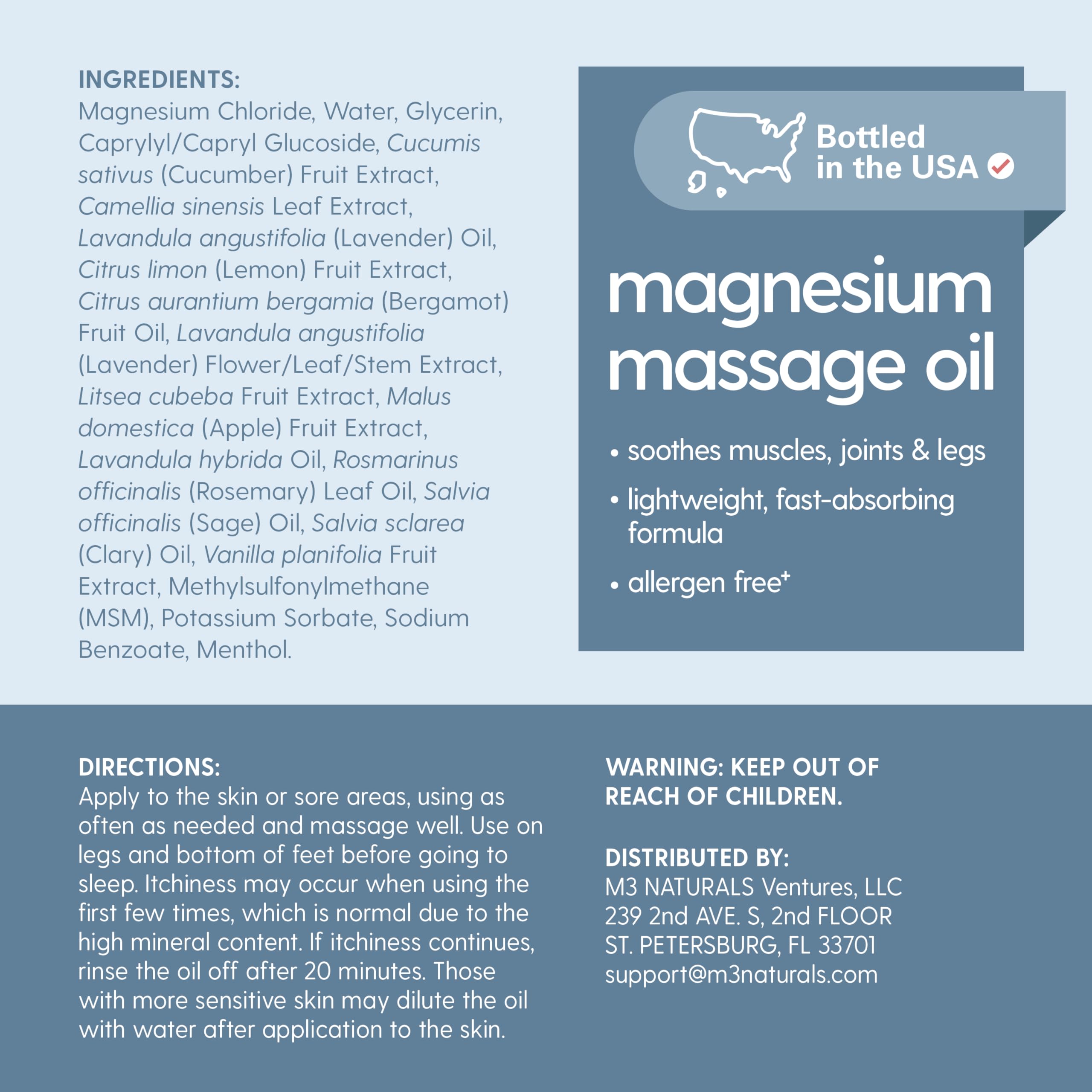 M3 Naturals 8 oz bottle label emphasizing magnesium massage oil