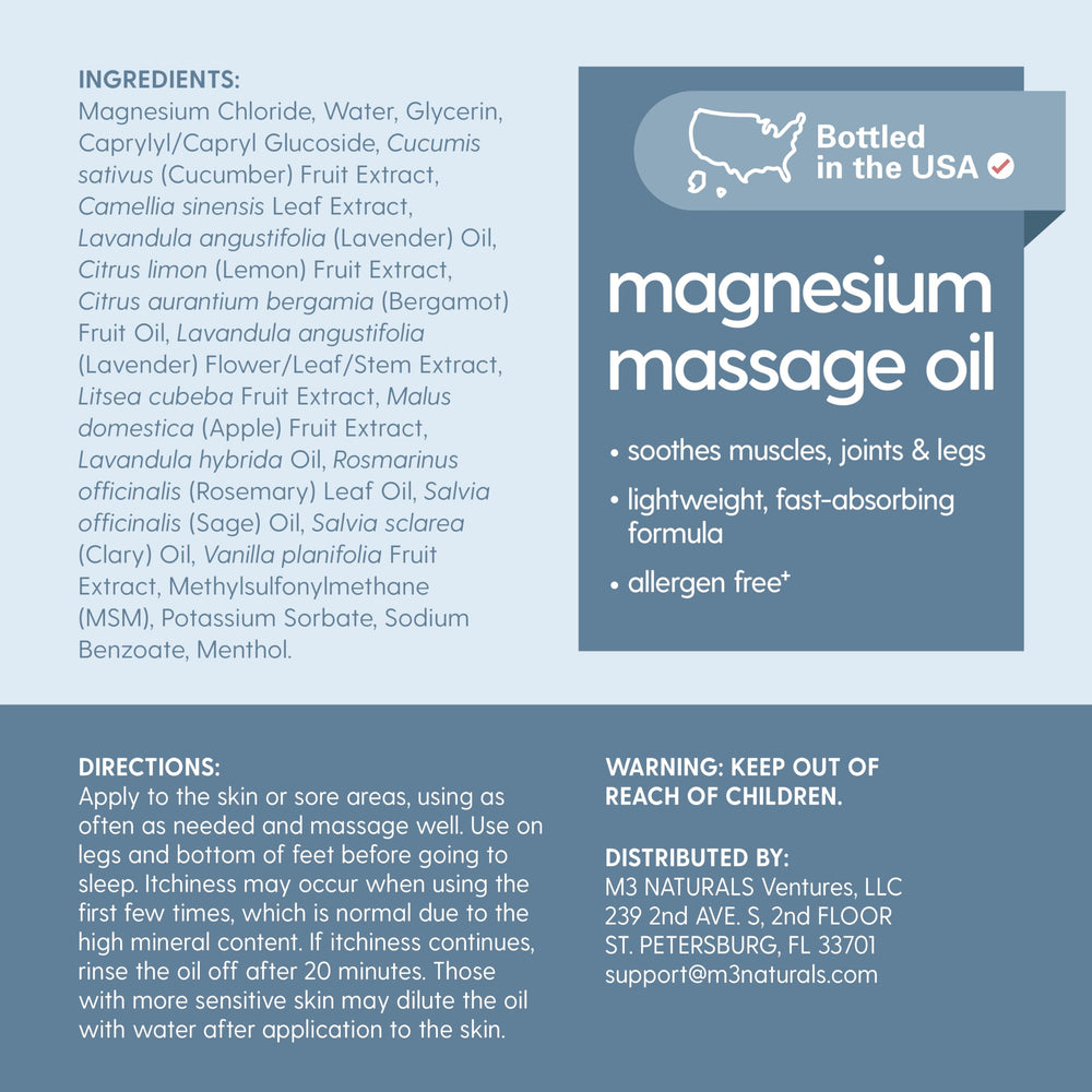 M3 Naturals 8 oz bottle label emphasizing magnesium massage oil