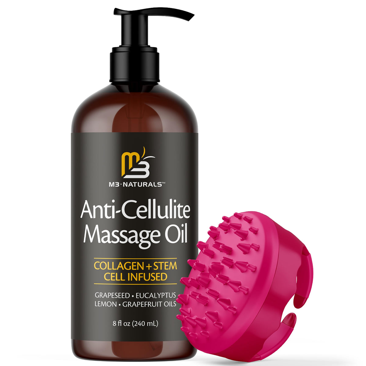 M3 Naturals anti cellulite oil bottle on counter ready for thigh smoothing