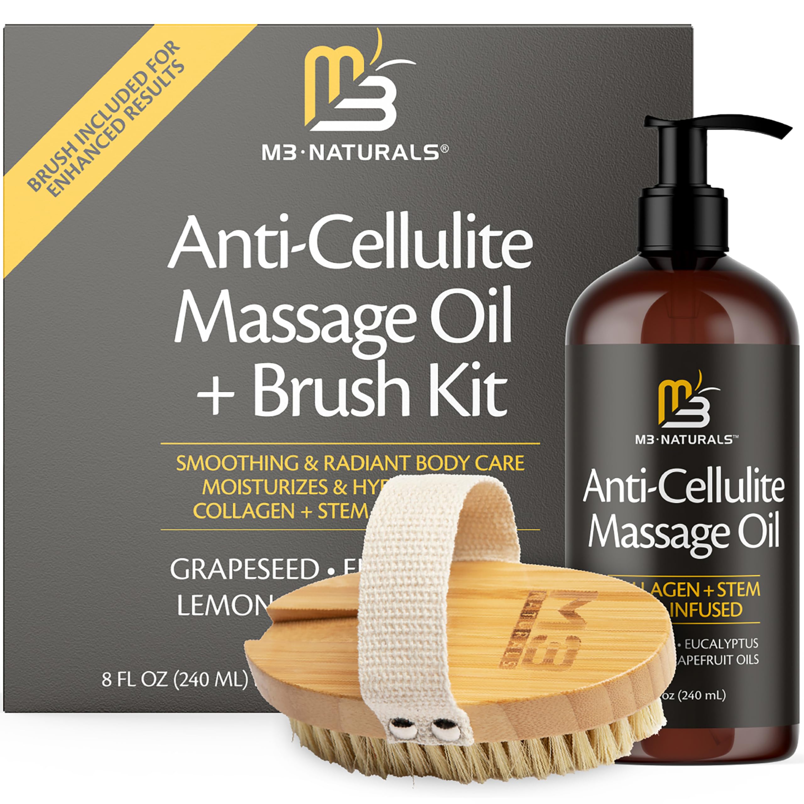 M3 Naturals anti-cellulite oil pump bottle for at-home smoothing and hydration