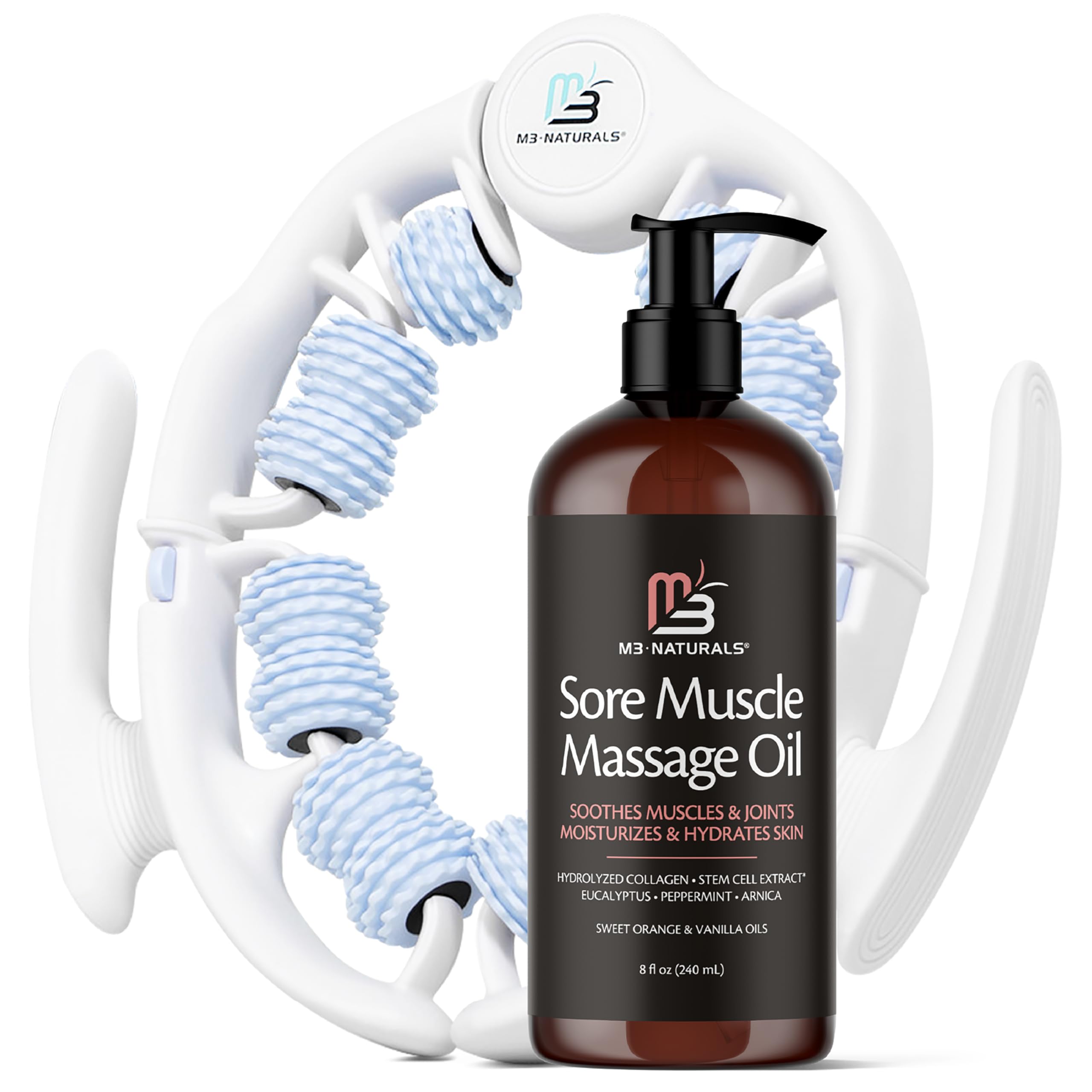 M3 Naturals Arnica Sore Muscle Massage Oil Bottle showing soothing glide and hydration benefits