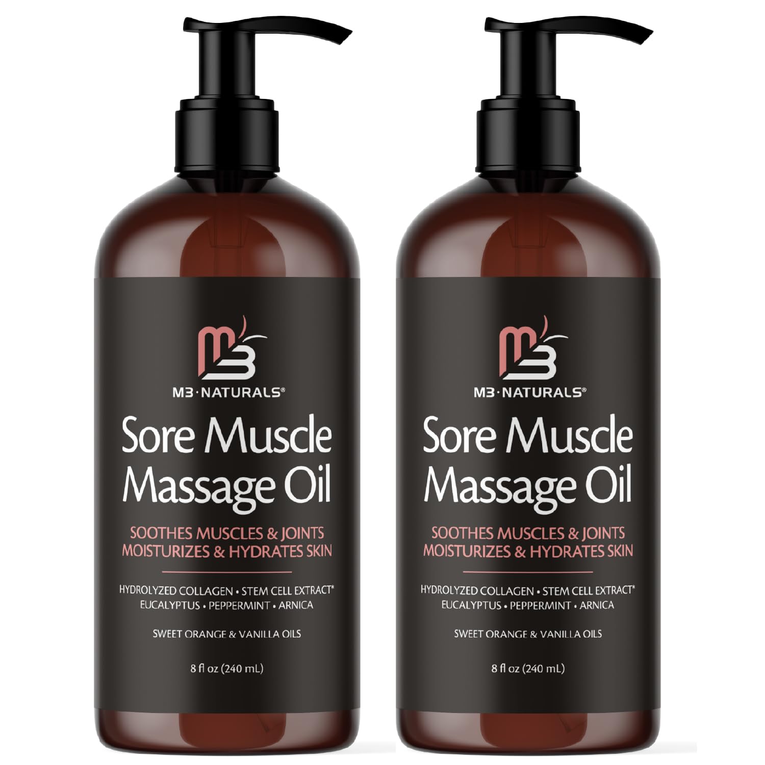 M3 Naturals Arnica Sore Muscle Oil bottle for full-body massage.