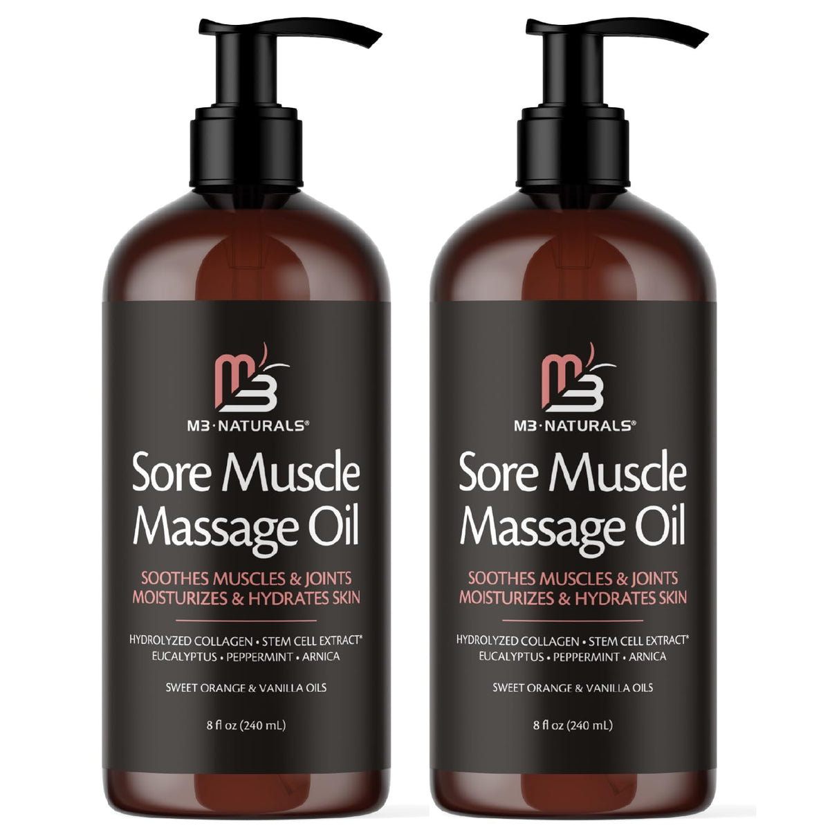 M3 Naturals Arnica Sore Muscle Oil bottle for full-body massage.