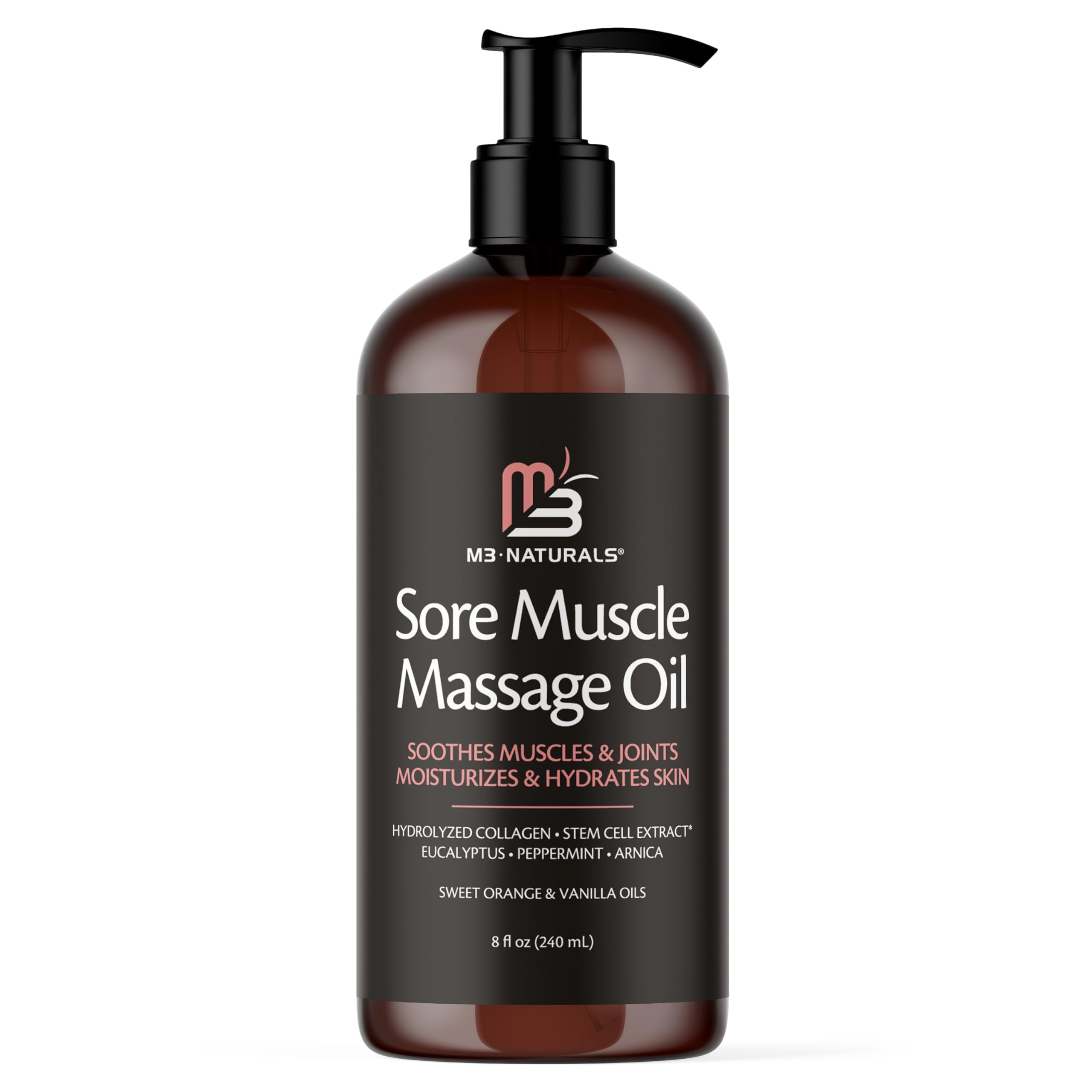 M3 Naturals Arnica Sore Muscle Massage Oil bottle delivers fast absorption for tired muscles