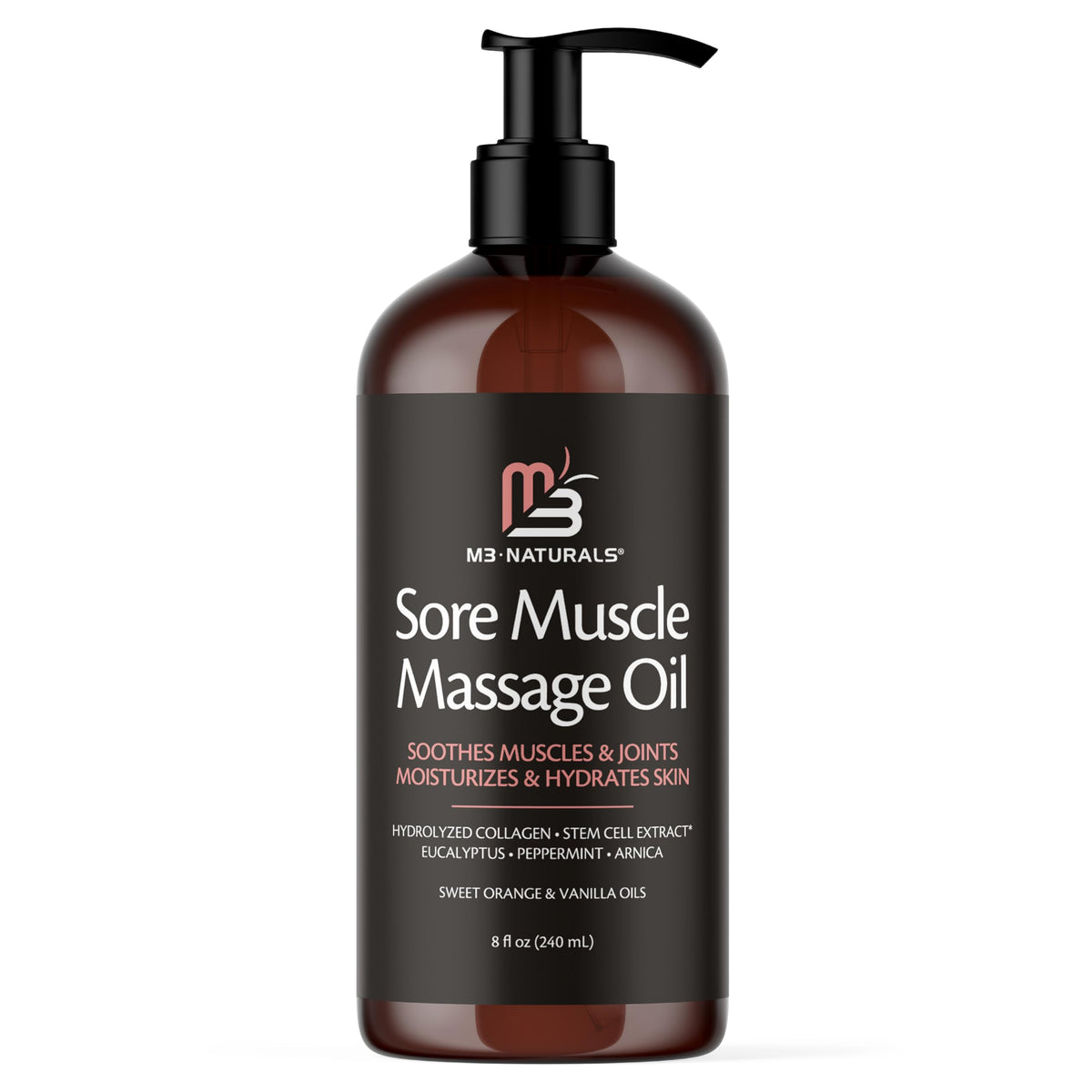 M3 Naturals Arnica Sore Muscle Massage Oil bottle delivers fast absorption for tired muscles