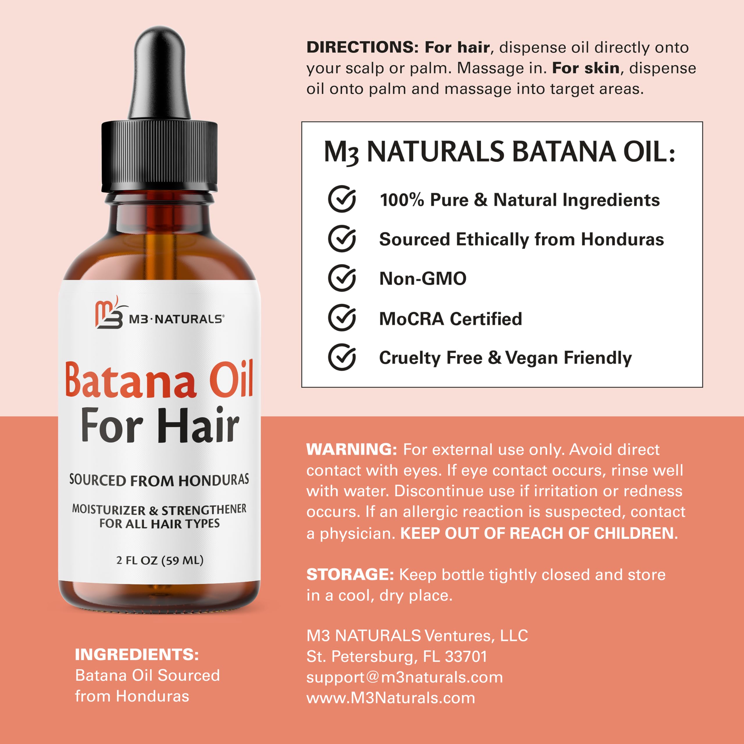 M3 Naturals Batana Oil bottle pour demonstrates easy application for scalp hydration.