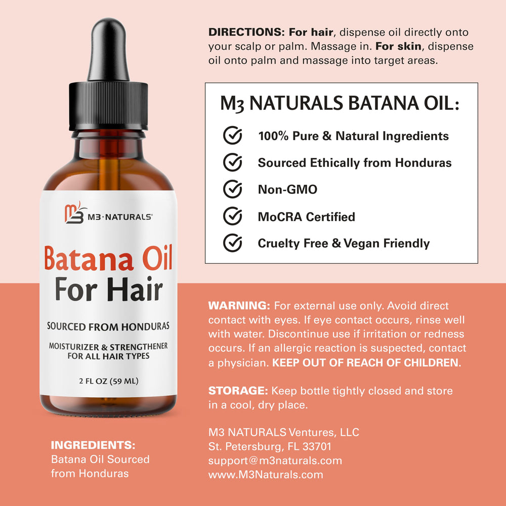M3 Naturals Batana Oil bottle pour demonstrates easy application for scalp hydration.
