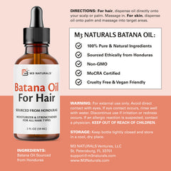 M3 Naturals Batana Oil bottle pour demonstrates easy application for scalp hydration.