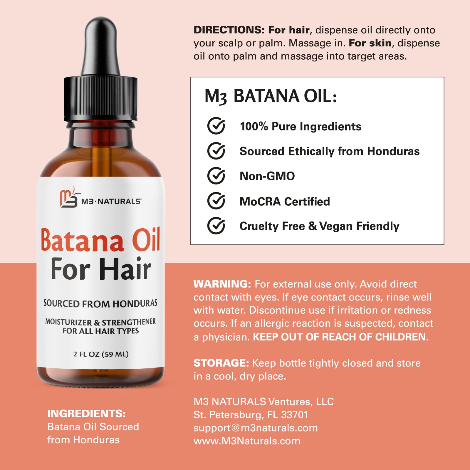 Close-up of M3 Naturals Batana Oil highlighting pure, unrefined formula for hydration.